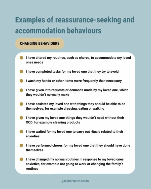 Infographic about examples of reassurance-seeking and accommodation behaviours, specifically changing behaviours