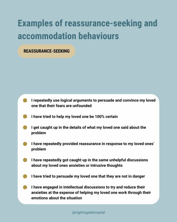 Infographic about examples of reassurance-seeking and accommodation behaviours, specifically reassurance-seeking